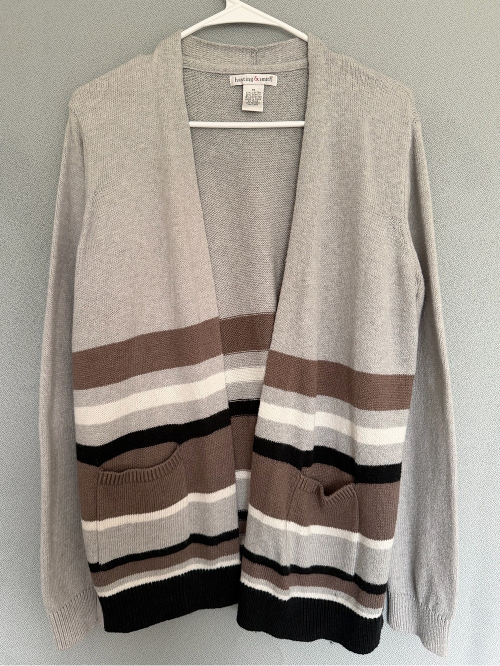 Hasting & Smith Gray Stripe Open Front Cardigan Sweater Pockets Size M